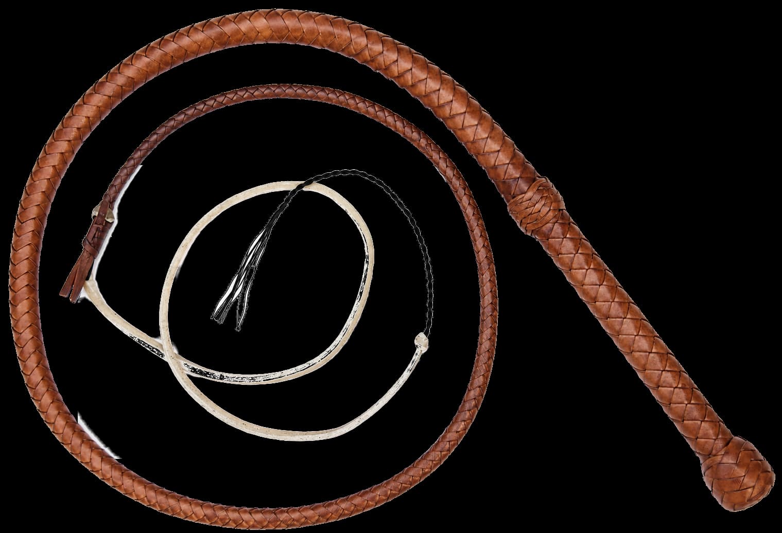 Bullwhip en cuir tressé, thong effilé terminé par un fall et un cracker